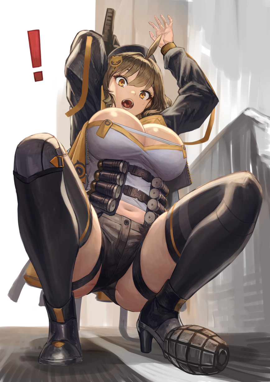 !, 1girl, ahoge, anis_(nikke), belt, beret, black_hat, black_jacket