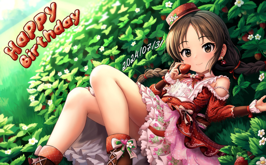 1girl, blush, braid, brown_eyes, brown_hair, day, dress, earrings