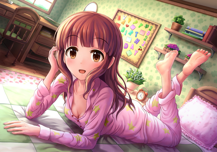 1girl, 2022, alarm_clock, barefoot, blush, book, breasts, brown_eyes