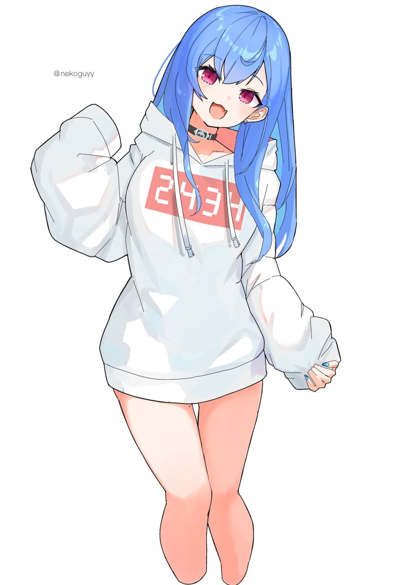 1girl, :3, black_collar, blue_hair, blue_nails, breasts, clothes_writing, collar