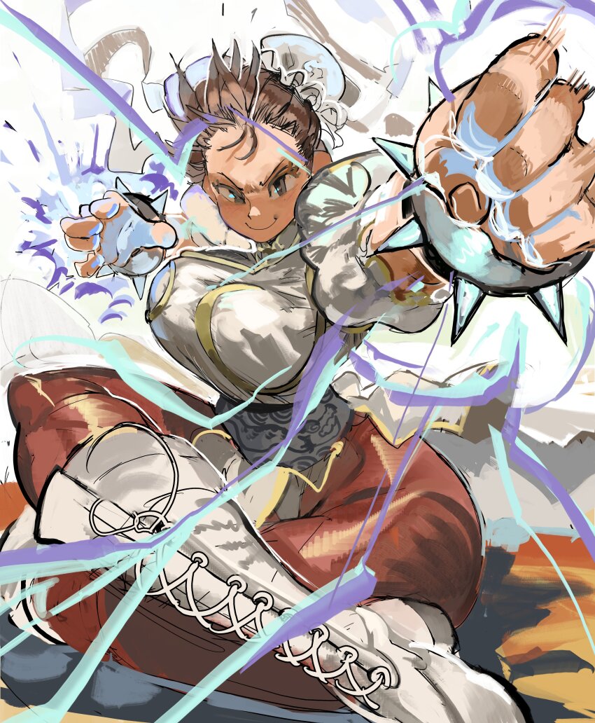 1girl, absurdres, aura, bracelet, breasts, brown_eyes, brown_hair, capcom