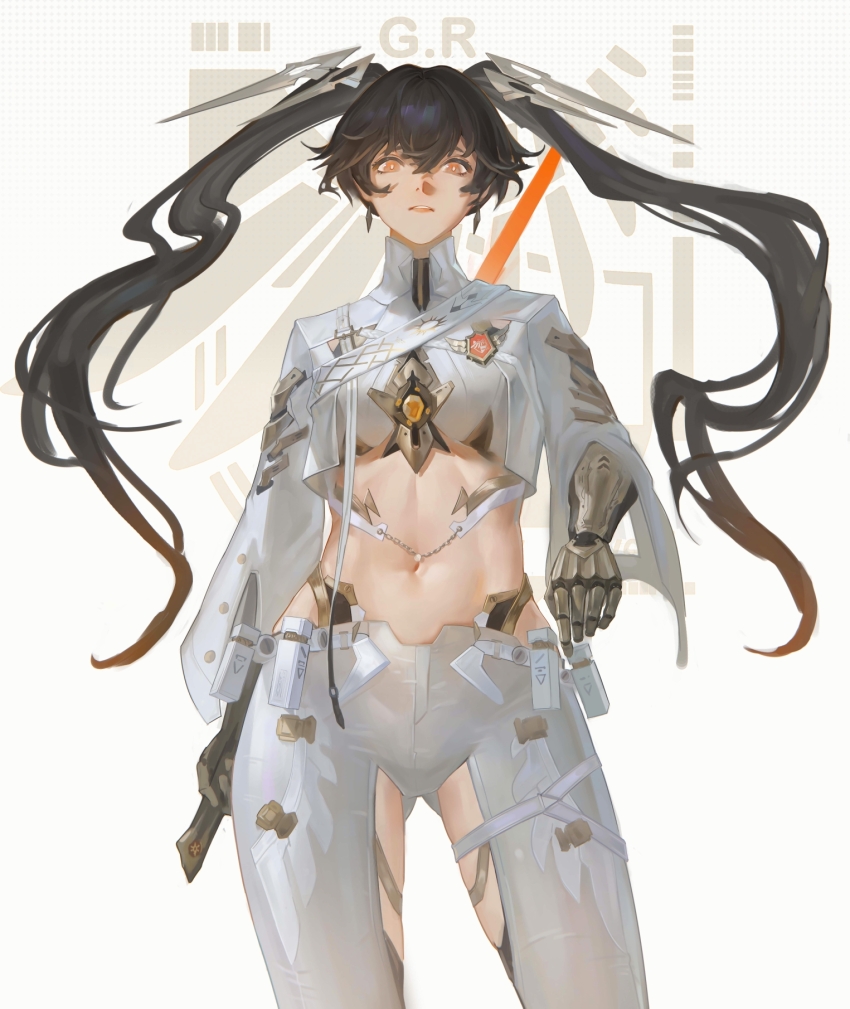 1girl, badge, button_badge, clothing_cutout, colored_tips, cowboy_shot, cropped_shirt, crossed_bangs