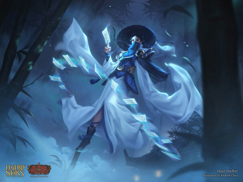 1girl, andrew_chou, bamboo, bamboo_forest, between_fingers, blue_dress, copyright_name, dress, dutch_angle, falling_leaves, flesh_and_blood, fog, forest, highres, holding, holding_ofuda, leaf, logo, looking_at_viewer, mask, mouth_mask, nature, night, official_art, ofuda, ofuda_between_fingers, solo, standing, standing_on_one_leg