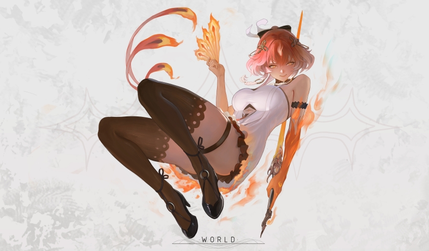 1girl, artist_name, bare_arms, bare_shoulders, black_footwear, black_thighhighs, body_markings, bow