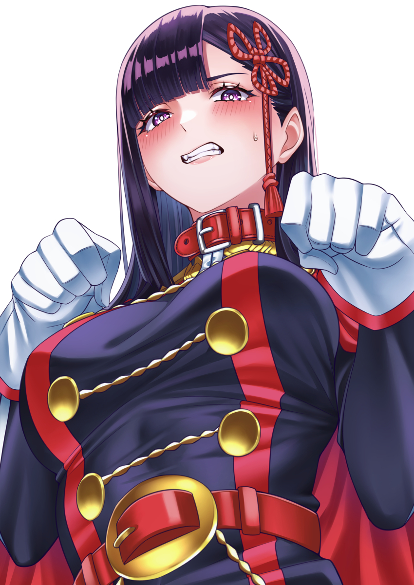 1girl, absurdres, animal_collar, anti-demon_corps_uniform, belt, blush, collar, gloves, highres, long_hair, looking_at_viewer, mato_seihei_no_slave, military_uniform, paw_pose, purple_eyes, purple_hair, red_belt, red_collar, simple_background, solo, sweat, teeth, wanzi_(99wanzi99), white_background, white_gloves, yamashiro_ren