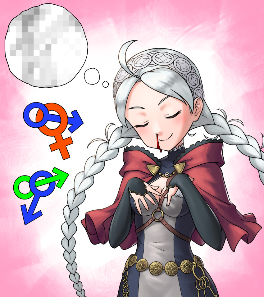 1girl, ahoge, aroused_nosebleed, belt, black_bridal_gauntlets, blood, braid, breasts