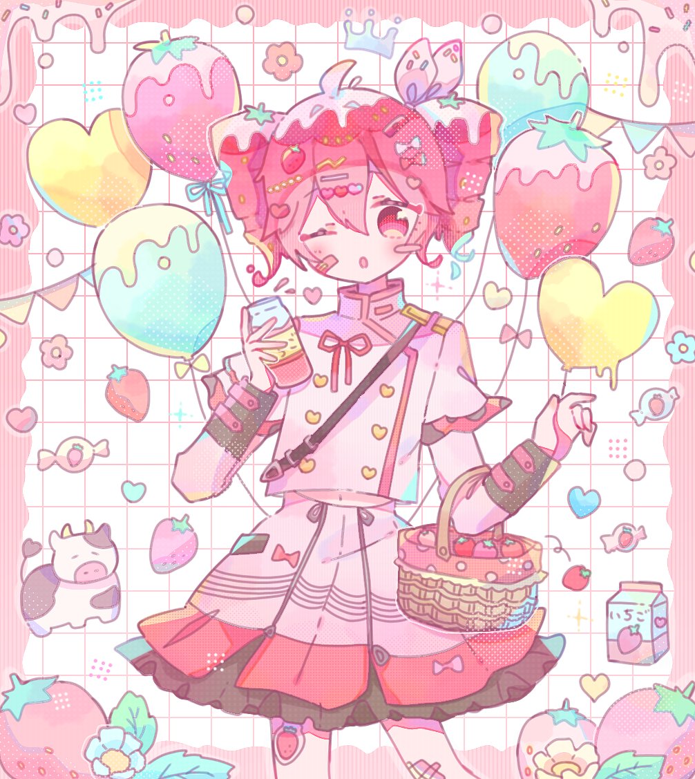 1girl, 8_kusa, ;o, ahoge, animal, balloon, bottle, bow