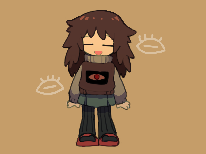 1other, =_=, androgynous, brown_hair, brown_vest, closed_eyes, collective_unconscious, eye_print