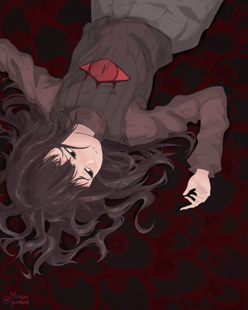 1other, absurdres, androgynous, black_eyes, brown_hair, brown_sweater, brown_vest, closed_mouth, collective_unconscious, commentary, english_commentary, expressionless, eye_print, grey_skirt, highres, long_hair, looking_to_the_side, lying, minnatsuki, minpupunkun, other_focus, pleated_skirt, print_vest, signature, skirt, solo, sweater, turtleneck, turtleneck_sweater, twitter_username, vest, wavy_hair