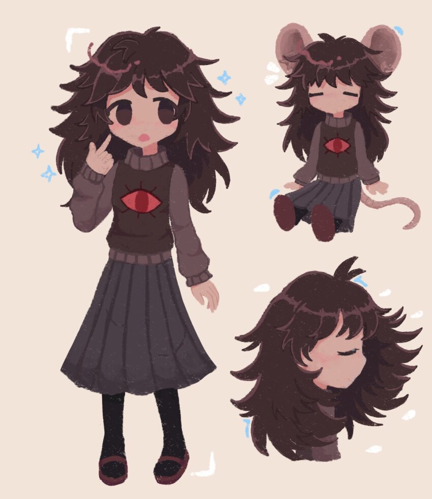 1girl, =_=, animal_ears, black_socks, brown_eyes, brown_hair, brown_sweater, brown_vest