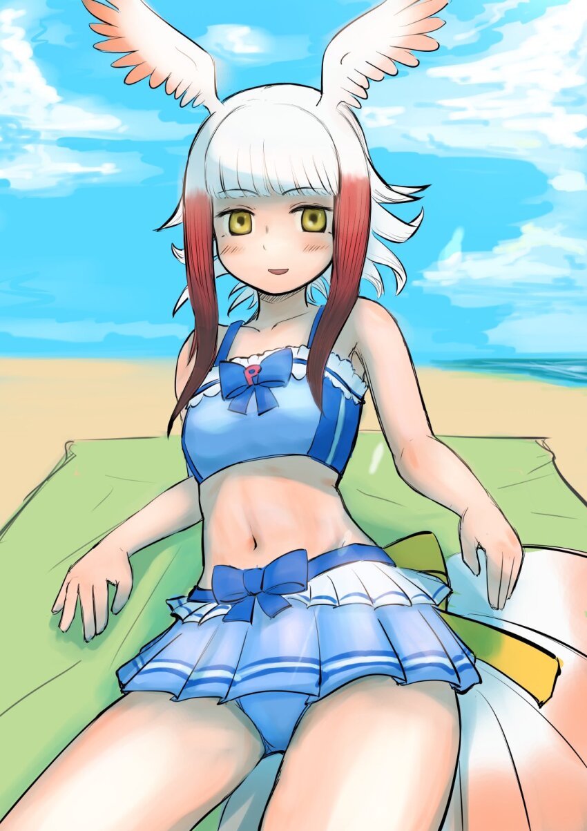 1girl, aotsuki_tsutome, back_bow, bare_arms, bare_shoulders, bikini, bikini_skirt, bird_girl, bird_tail, bird_wings, blue_bikini, blue_bow, blue_bowtie, blue_skirt, blunt_bangs, blush, bow, bowtie, collarbone, cowboy_shot, frilled_bikini, frills, head_wings, highres, japanese_crested_ibis_(kemono_friends), kemono_friends, kemono_friends_3, looking_at_viewer, midriff, multicolored_hair, navel, pleated_skirt, red_hair, short_hair_with_long_locks, skirt, solo, spaghetti_strap, swimsuit, tail, white_hair, wings, yellow_eyes
