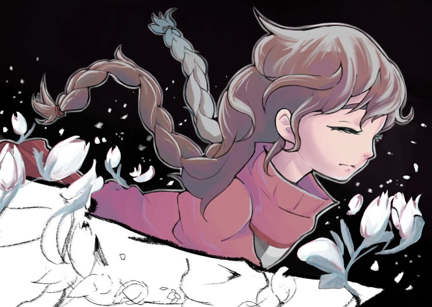 1girl, black_background, braid, brown_hair, closed_eyes, closed_mouth, commentary, english_commentary