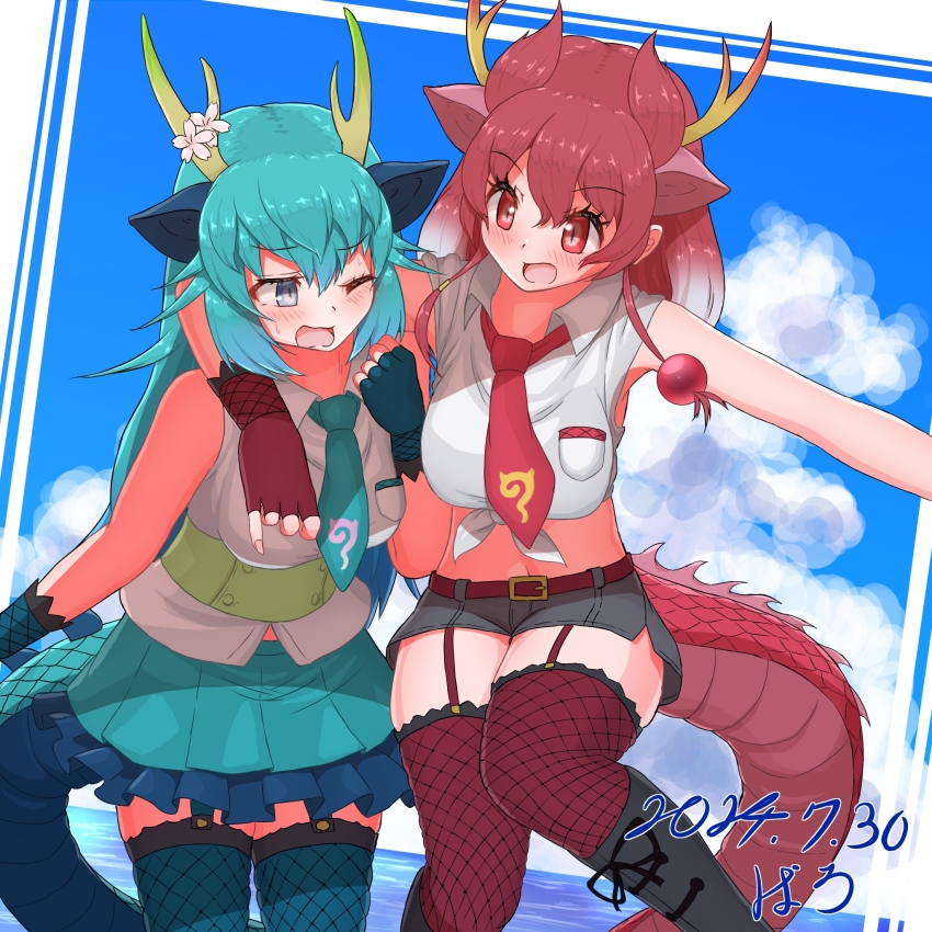2girls, animal_ears, arm_around_neck, bare_shoulders, baroy_baroro, belt, black_footwear, blue_dragon_(kemono_friends), blue_eyes, blue_gloves, blue_hair, blue_necktie, blue_thighhighs, blush, boots, cherry_blossoms, dragon_ears, dragon_girl, dragon_horns, dragon_tail, fingerless_gloves, fishnet_gloves, fishnet_thighhighs, fishnets, garter_straps, gloves, green_belt, hair_between_eyes, highres, horns, kemono_friends, long_hair, midriff, multiple_girls, navel, necktie, one_eye_closed, open_mouth, red_dragon_(kemono_friends), red_eyes, red_gloves, red_hair, red_necktie, red_thighhighs, shirt, sidelocks, sleeveless, tail, thighhighs, tied_shirt, white_shirt, zettai_ryouiki
