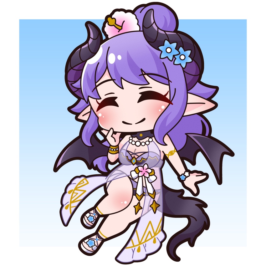 1girl, ^_^, absurdres, bare_shoulders, bikini, black_bikini, black_wings, blue_flower