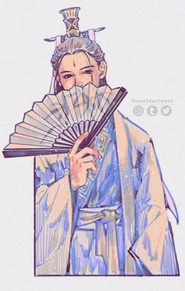 1boy, artist_name, chinese_clothes, facial_mark, fiona_fu, folding_fan, forehead_mark, grey_background