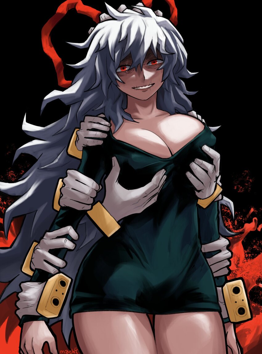 1girl, absurdres, boku_no_hero_academia, breast_lift, breasts, cleavage, commentary, dress, genderswap, genderswap_(mtf), grey_hair, highres, large_breasts, long_hair, machipachi1901, red_eyes, scar, shigaraki_tomura, smile, solo, thigh_gap, thighs, white_hair, wrinkled_skin
