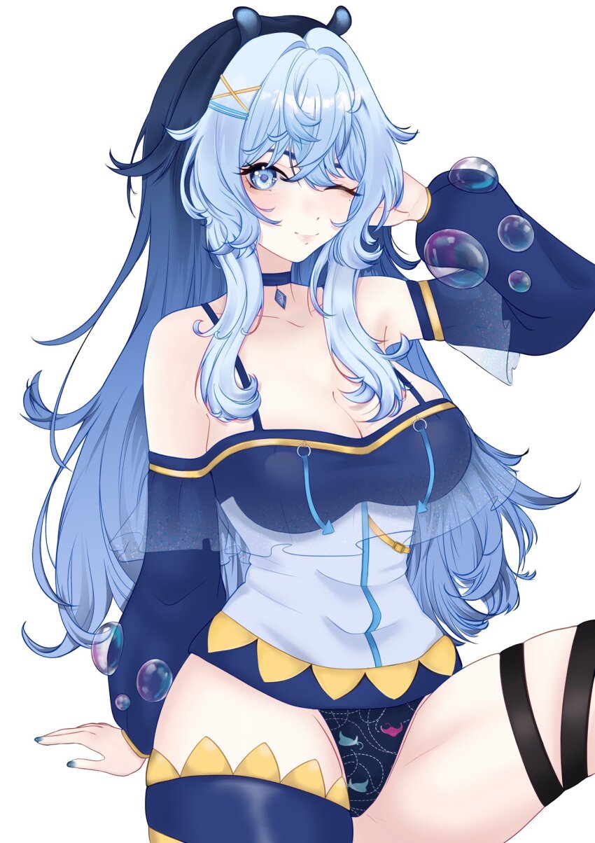 animal_print, asymmetrical_legwear, black_panties, blue_choker, blue_eyes, blue_hair, breasts, bubble