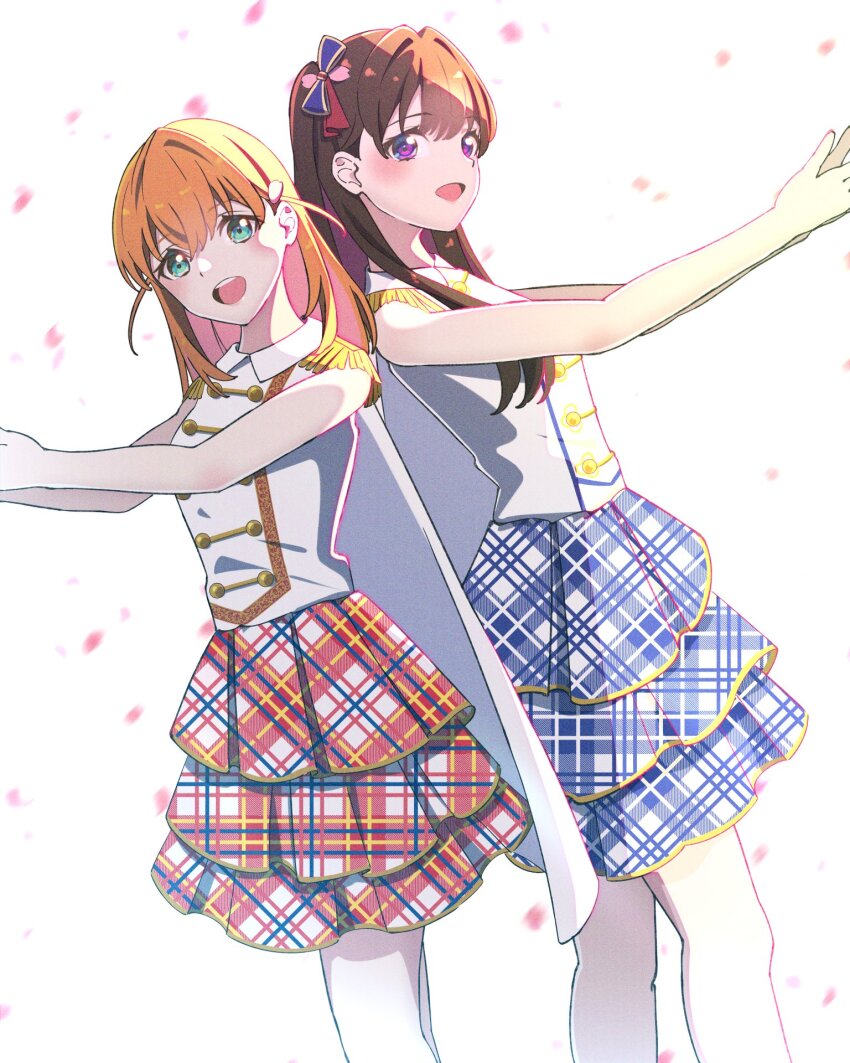 2girls, :d, aqua_eyes, back-to-back, blue_bow, blue_skirt, bow, brown_hair