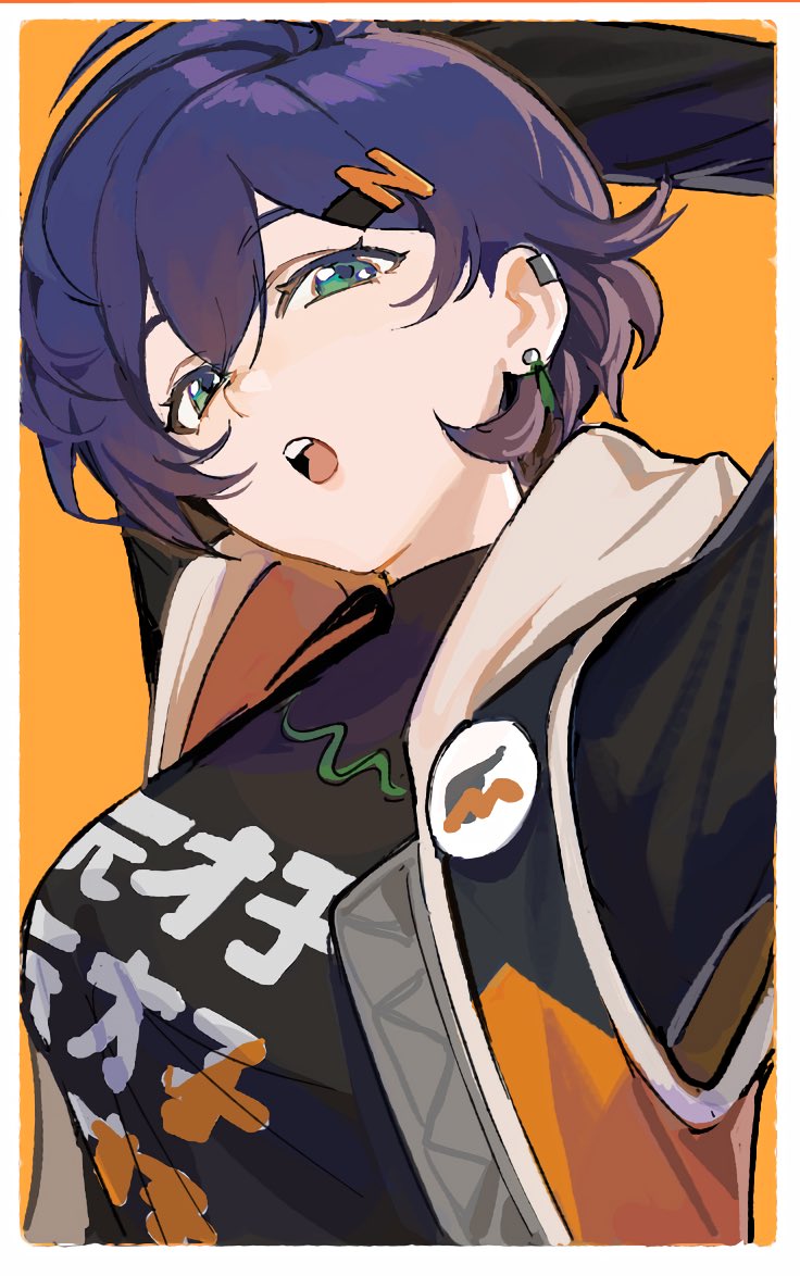 1girl, 42u16, arms_up, belle_(zenless_zone_zero), black_shirt, blue_hair, border, breasts, ear_piercing, earrings, green_eyes, hair_between_eyes, hood, hooded_jacket, jacket, jewelry, looking_at_viewer, open_clothes, open_jacket, orange_background, parted_lips, piercing, shirt, short_hair, simple_background, solo, teeth, upper_body, upper_teeth_only, white_border, zenless_zone_zero