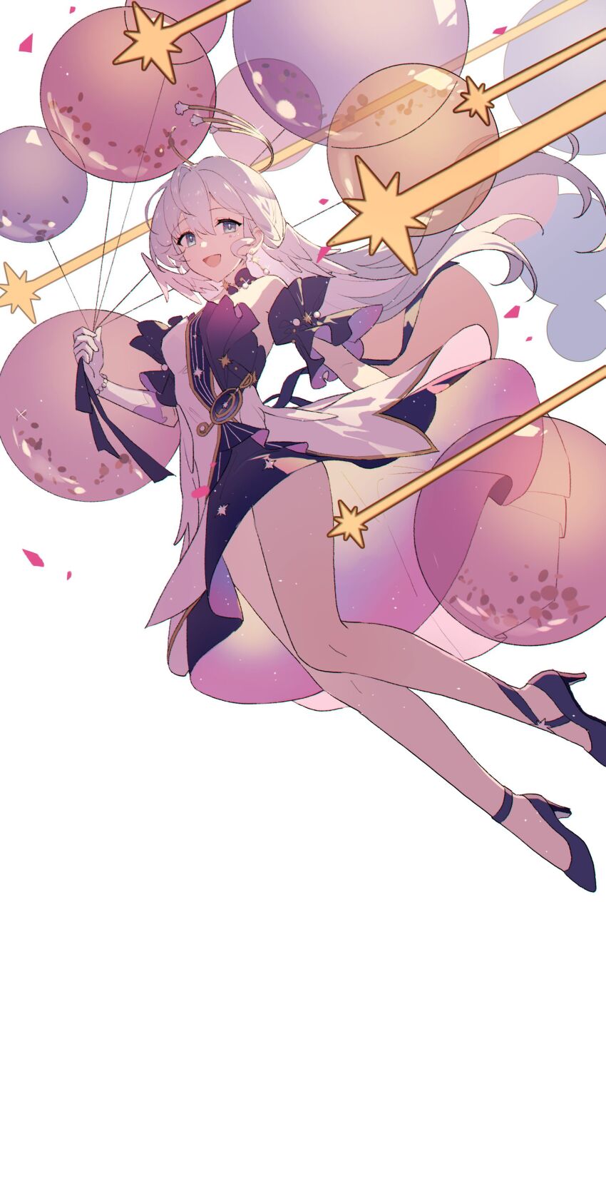 1girl, absurdres, balloon, blue_eyes, commentary, confetti_balloon, detached_sleeves, dress, english_commentary, flying, gloves, hair_between_eyes, halo, head_wings, high_heels, highres, holding, holding_balloon, honkai:_star_rail, honkai_(series), long_hair, looking_at_viewer, open_mouth, purple_dress, purple_footwear, robin_(honkai:_star_rail), shooting_star, short_sleeves, simple_background, smile, solo, very_long_hair, white_background, white_dress, white_gloves, wings, xiaochacha