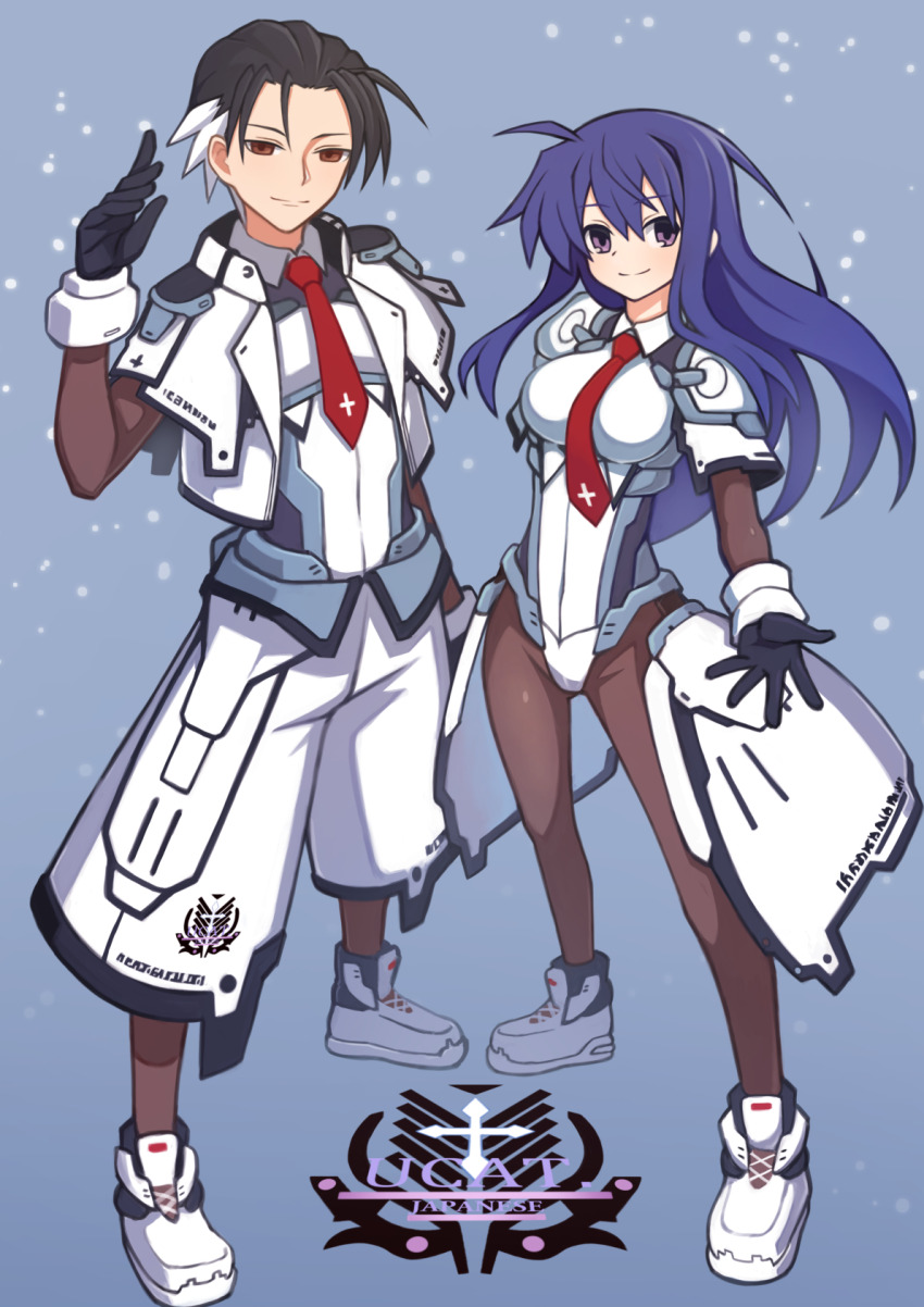 1boy, 1girl, arm_at_side, black_gloves, blue_background, brown_eyes, brown_pantyhose, full_body