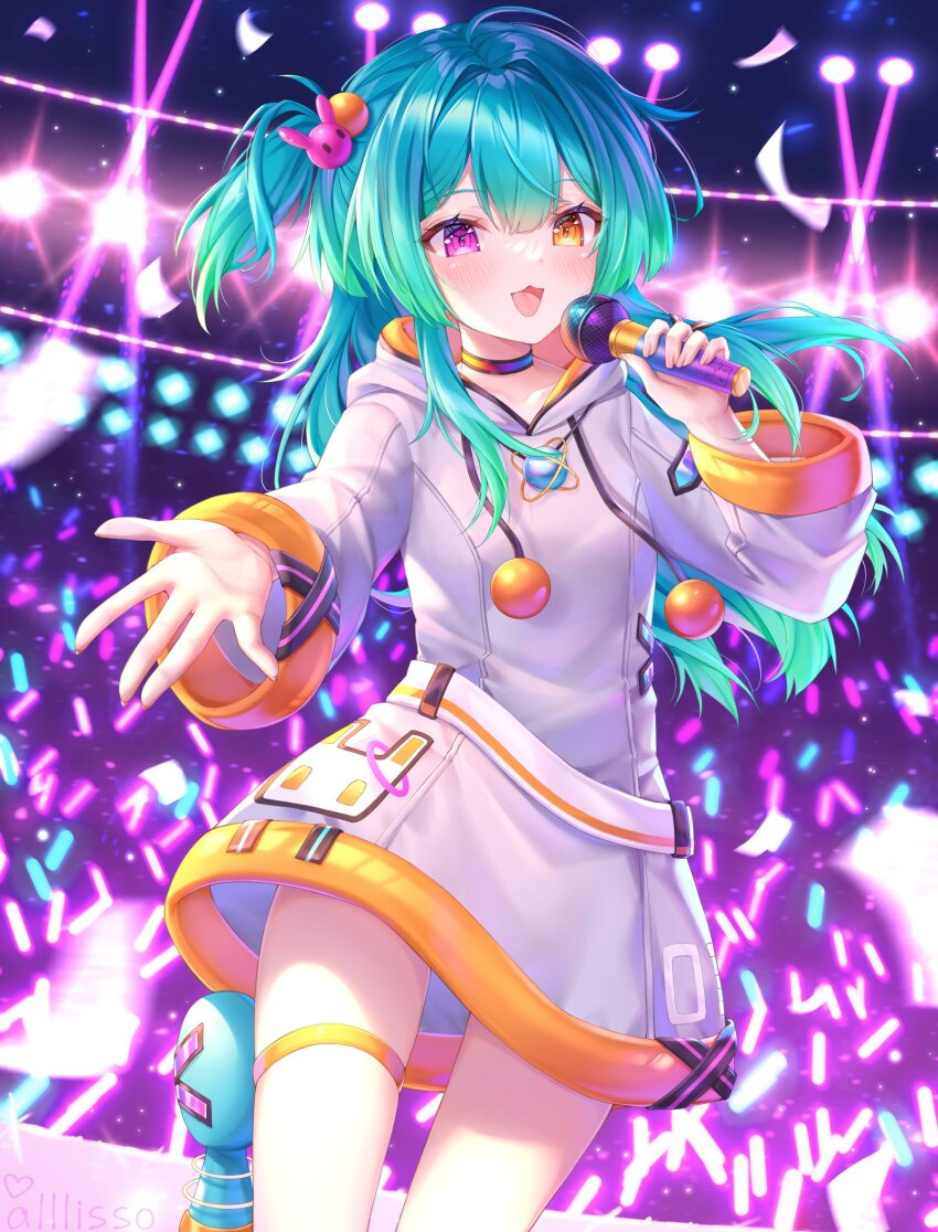 1girl, alllisso, aqua_hair, artist_name, belt, blush, collarbone, concert
