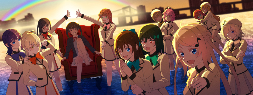 6+girls, :d, ^_^, absurdres, arms_around_another's_waist, asaka_karin, barefoot, black_hair