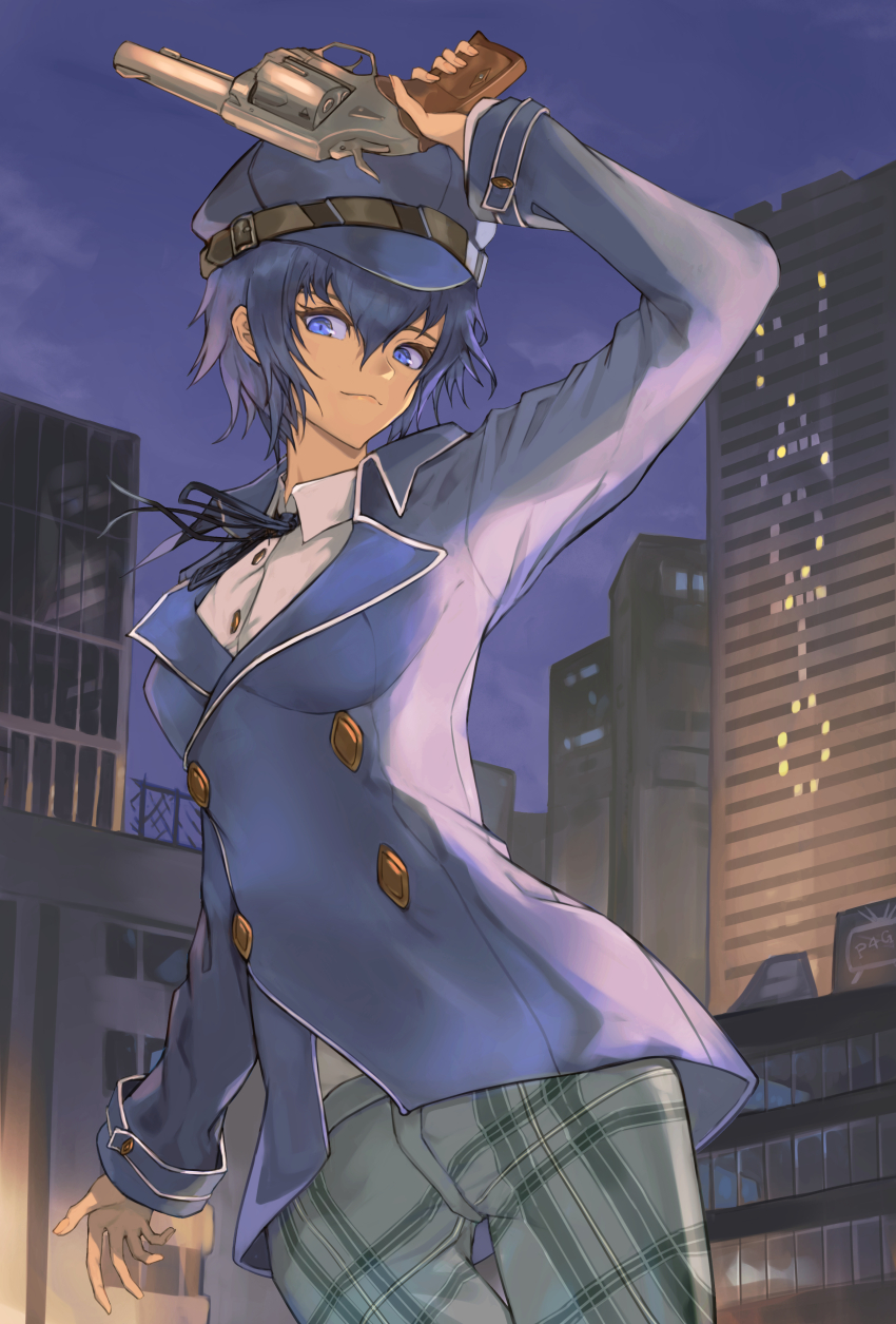 1girl, absurdres, arm_up, black_ribbon, blue_eyes, blue_hair, blue_hat, blue_jacket