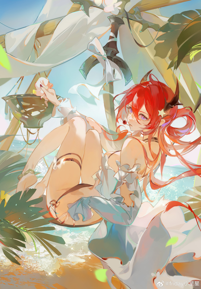 1girl, absurdres, arknights, beach, bikini, black_horns, brown_nails, cherry