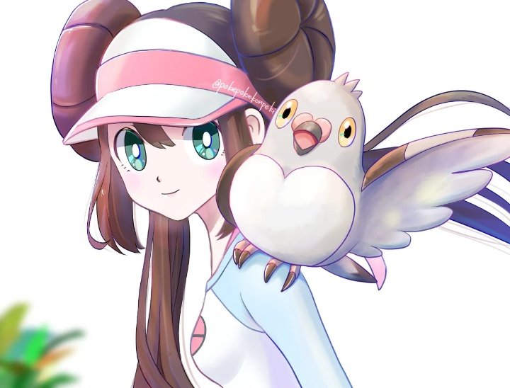 1girl, brown_hair, double_bun, from_side, gen_5_pokemon, green_eyes, hair_between_eyes, hair_bun