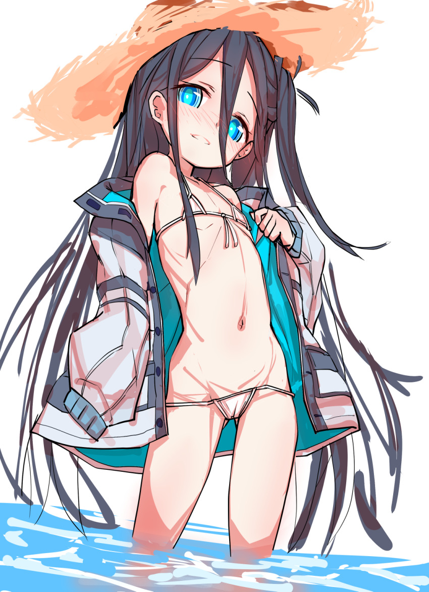 1girl, aris_(blue_archive), bare_shoulders, bikini, black_hair, blue_archive, blurry, blush