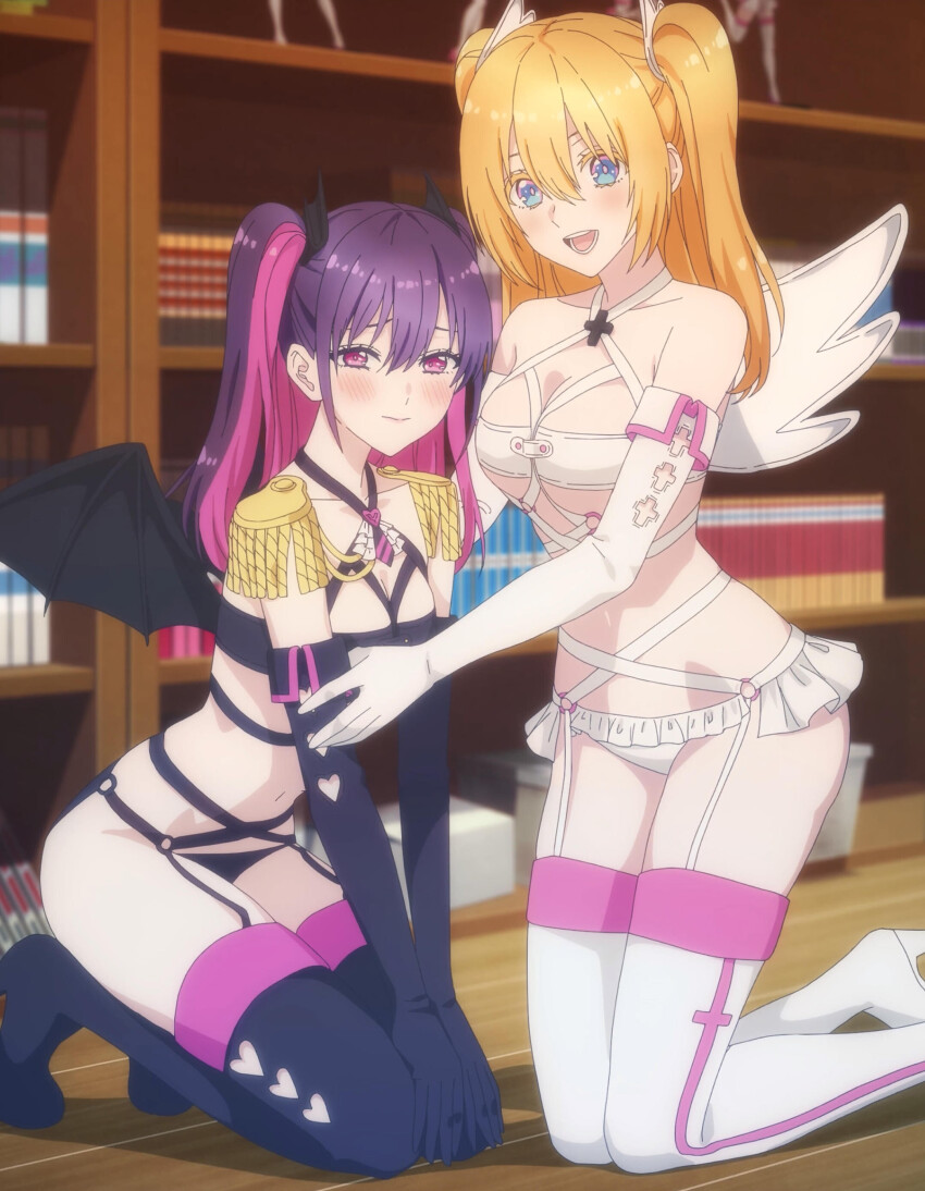 2.5_jigen_no_ririsa, 2girls, absurdres, amano_ririsa, anime_screenshot, black_garter_straps, black_gloves, black_hair