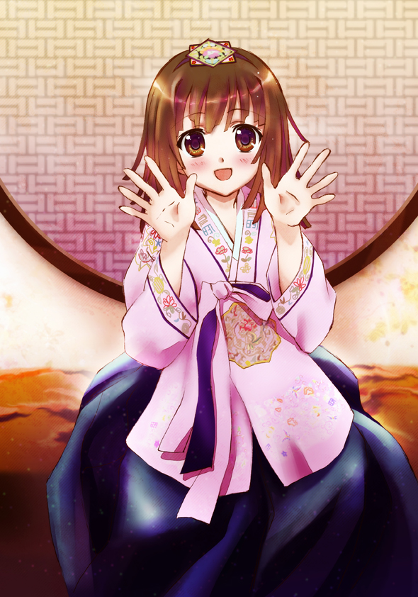 1girl, bad_id, bad_pixiv_id, bakemonogatari, brown_eyes, brown_hair, female_focus, hanbok, korean_clothes, monogatari_(series), sengoku_nadeko, short_hair, solo, sugise_satoshi