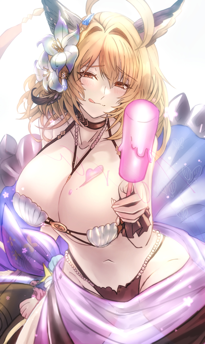 1girl, :d, beads, bikini, breasts, brown_hair, cream_on_breasts, flower, food, granblue_fantasy, hair_flower, hair_ornament, hekate_(granblue_fantasy), hekate_(summer)_(granblue_fantasy), holding, holding_food, holding_popsicle, jewelry, kaji_zarame, large_breasts, navel, necklace, open_mouth, popsicle, sarong, scrunchie, shell, shell_bikini, smile, solo, swimsuit