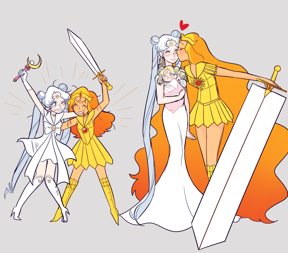 3girls, aged_down, alternate_design, alternate_universe, baby, bishoujo_senshi_sailor_moon, bishoujo_senshi_sailor_moon_stars, blonde_hair, blue_eyes, boots, bow, brooch, carrying, carrying_baby, carrying_person, circlet, closed_eyes, commentary, crescent, crescent_brooch, crescent_facial_mark, double_bun, dress, english_commentary, facial_mark, greatsword, hair_bun, heart, jewelry, kiss, kissing_cheek, knee_boots, long_dress, long_hair, maboroshi_no_ginzuishou, mermaid_dress, mims_(mimimon), moon_stick_(sailor_moon), mother_and_child, mother_and_daughter, multiple_girls, one_eye_closed, parent_and_child, princess_serenity, queen_serenity, sailor_galaxia, sword, twintails, unofficial_sailor_senshi_uniform, very_long_hair, weapon, white_bow, white_dress, white_footwear, white_hair, yellow_boots, yellow_dress, yuri