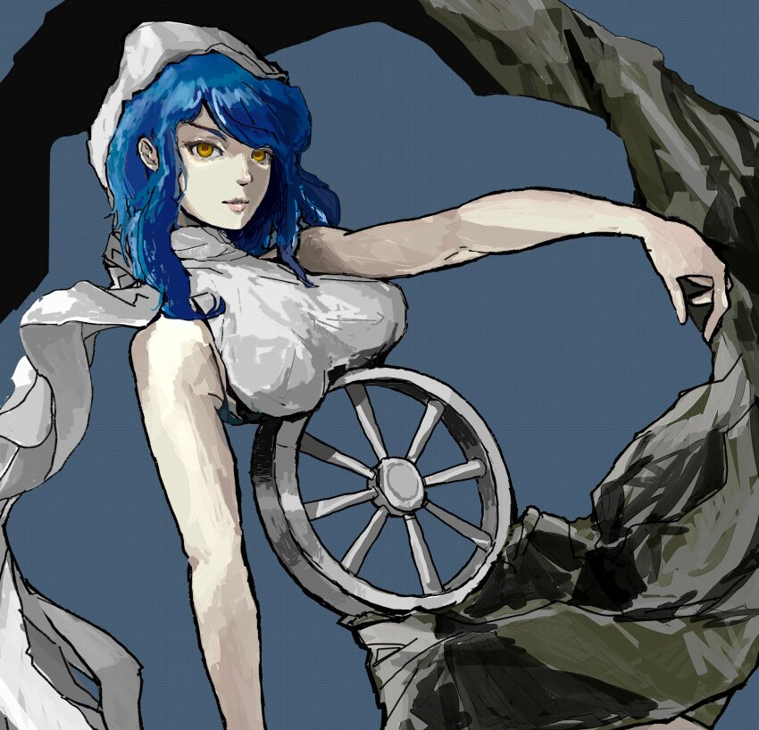 1girl, blue_hair, breasts, commentary_request, demon_(megami_tensei), fortuna_(megami_tensei), haruhuru_8686, highres