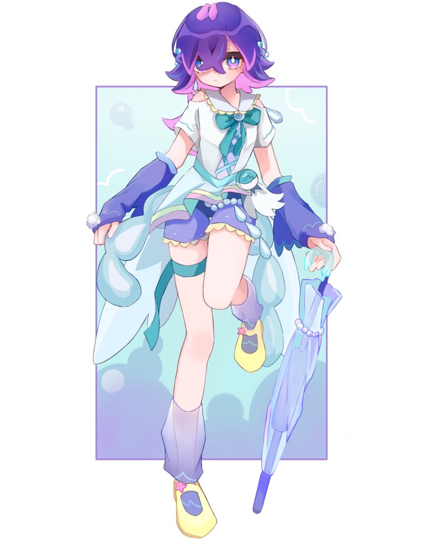 1girl, blue_eyes, bow, closed_mouth, cosplay, crystal, dot_(pokemon), earrings