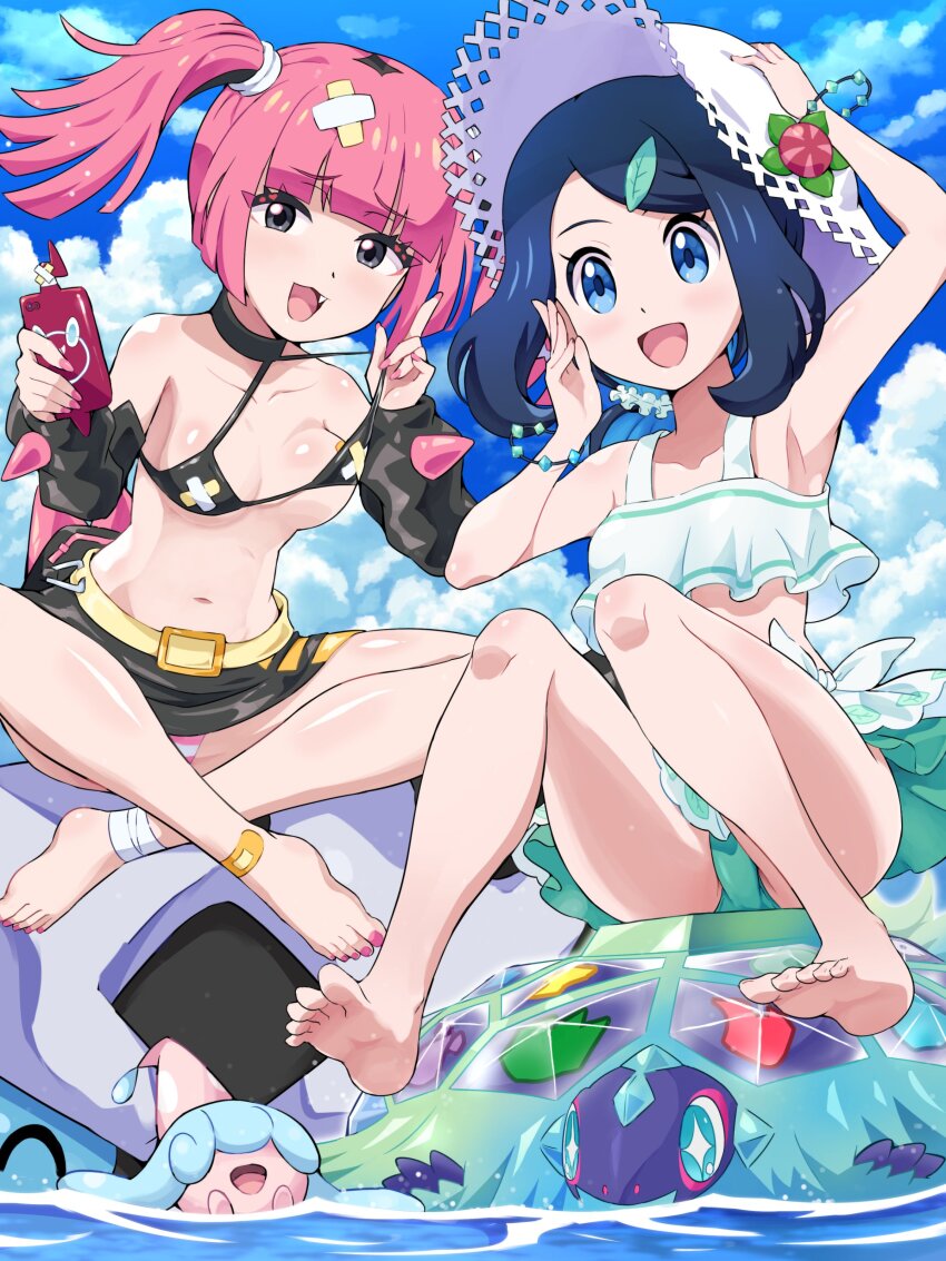 absurdres, bandaid, bandaids_on_nipples, belt, bikini, black_bikini, black_hair, blue_bikini, blue_eyes, blue_sky, blush, breasts, cloud, coral_(pokemon), day, eyelashes, fang, frilled_bikini, frills, gen_8_pokemon, hair_ornament, hairclip, hat, hatenna, highres, liko_(pokemon), looking_at_viewer, multicolored_hair, nintendo, ocean, open_mouth, outdoors, pasties, pink_hair, pokemoa, pokemon, pokemon_(anime), pokemon_(creature), pokemon_horizons, sitting, sky, smile, swimsuit, terapagos, terapagos_(terastal), twintails, water
