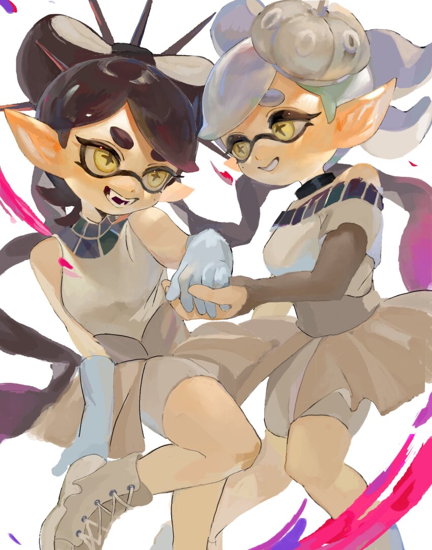 2girls, ankle_boots, bare_shoulders, black_bridal_gauntlets, black_choker, black_hair, boots, bow-shaped_hair