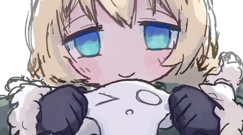 1girl, black_gloves, blonde_hair, blue_eyes, blush_stickers, cheek_pull, closed_mouth, coat, fur-trimmed_coat, fur_trim, gloves, green_coat, jitome, nonounno, nuko_(shoujo_shuumatsu_ryokou), portrait, shoujo_shuumatsu_ryokou, simple_background, smile, white_background, yuuri_(shoujo_shuumatsu_ryokou)