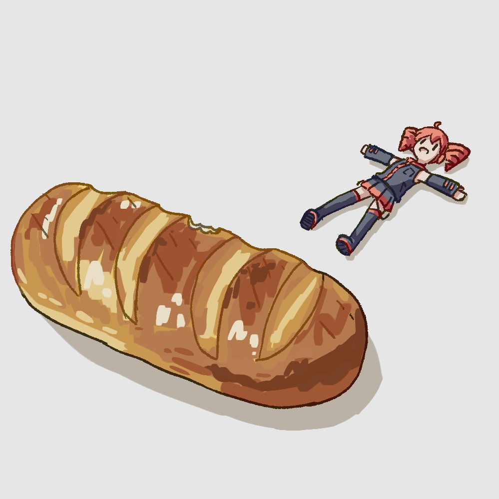 1girl, baguette, black_boots, black_shirt, black_skirt, black_sleeves, boots, bread