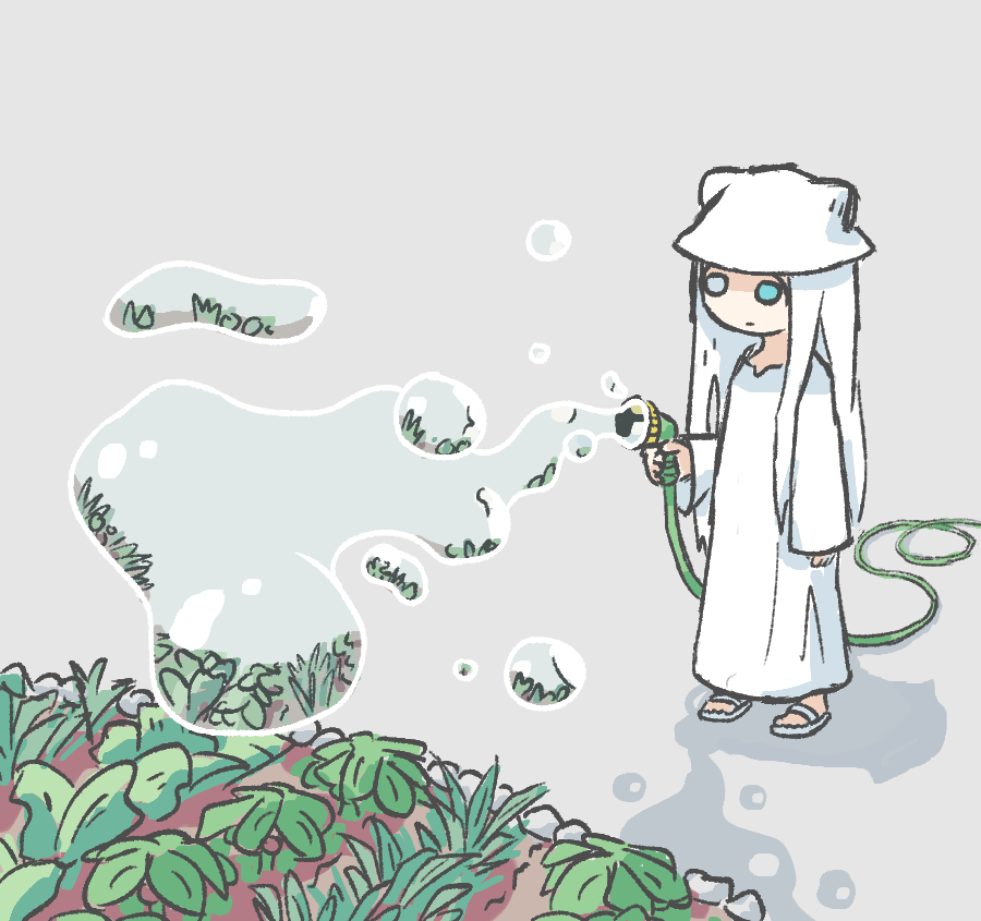 1girl, aqua_eyes, closed_mouth, dress, expressionless, full_body, garden, grey_background