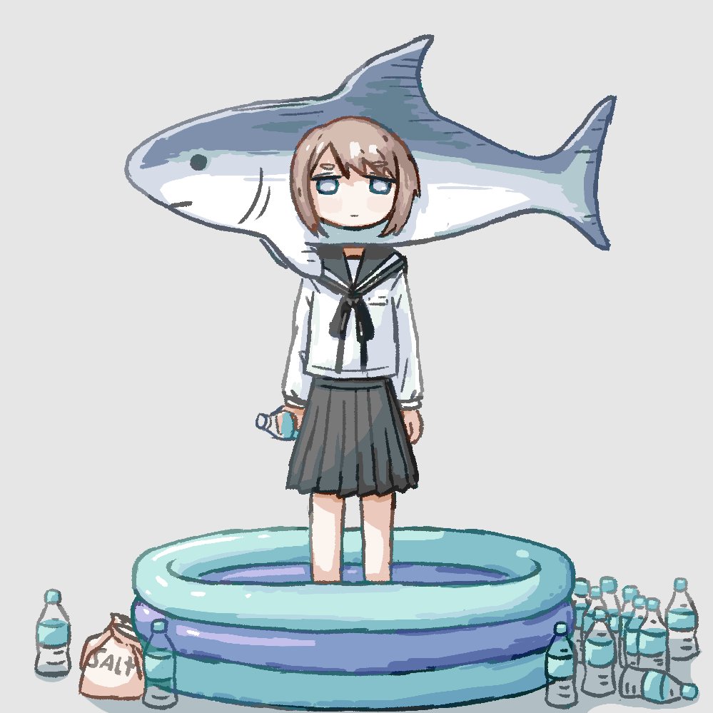 1girl, arms_at_sides, black_sailor_collar, black_skirt, blue_eyes, bottle, brown_hair, closed_mouth