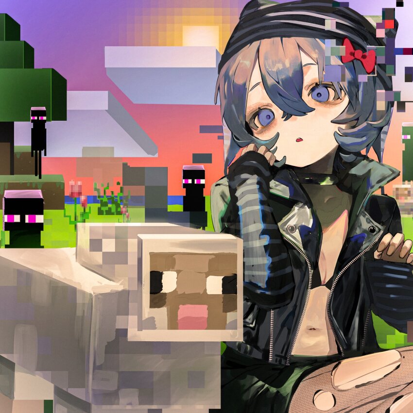 1girl, animal_hat, arm_warmers, bikini, bikini_top_only, black_arm_warmers, black_bikini, black_choker