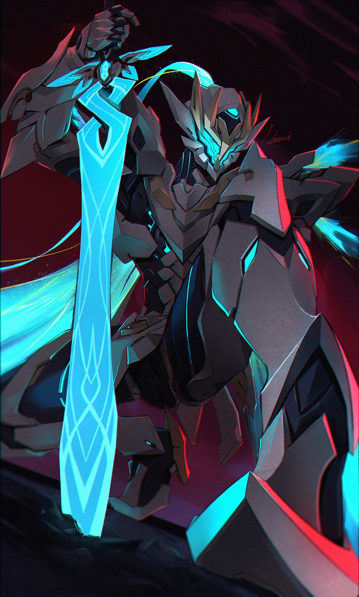 armor, full_body, gold_trim, grey_armor, helmet, highres, holding, holding_weapon