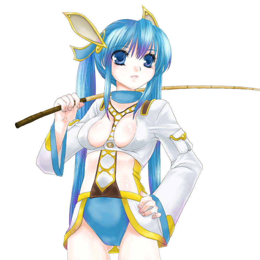 1girl, bad_id, bad_pixiv_id, blue_eyes, blue_hair, breasts, character_request, cleavage