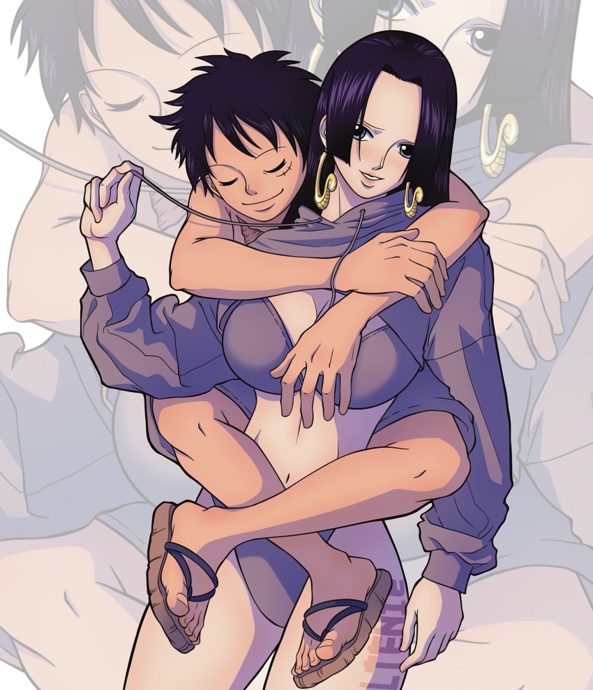 1boy, 1girl, alternate_costume, black_hair, blue_eyes, blush, boa_hancock, closed_eyes, closed_mouth, earrings, facial_scar, highres, hug, hug_from_behind, jewelry, long_hair, long_sleeves, ltenie, monkey_d._luffy, one_piece, purple_hair, sandals, scar, scar_on_cheek, scar_on_chest, scar_on_face, short_hair, smile, snake_earrings