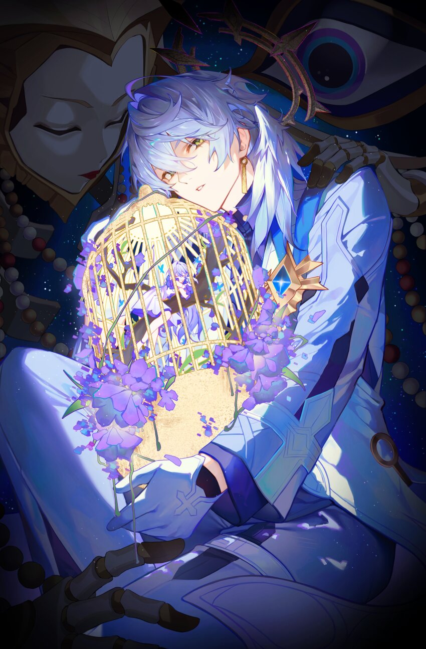 1boy, 1girl, absurdres, birdcage, brother_and_sister, cage, closed_eyes, closed_mouth