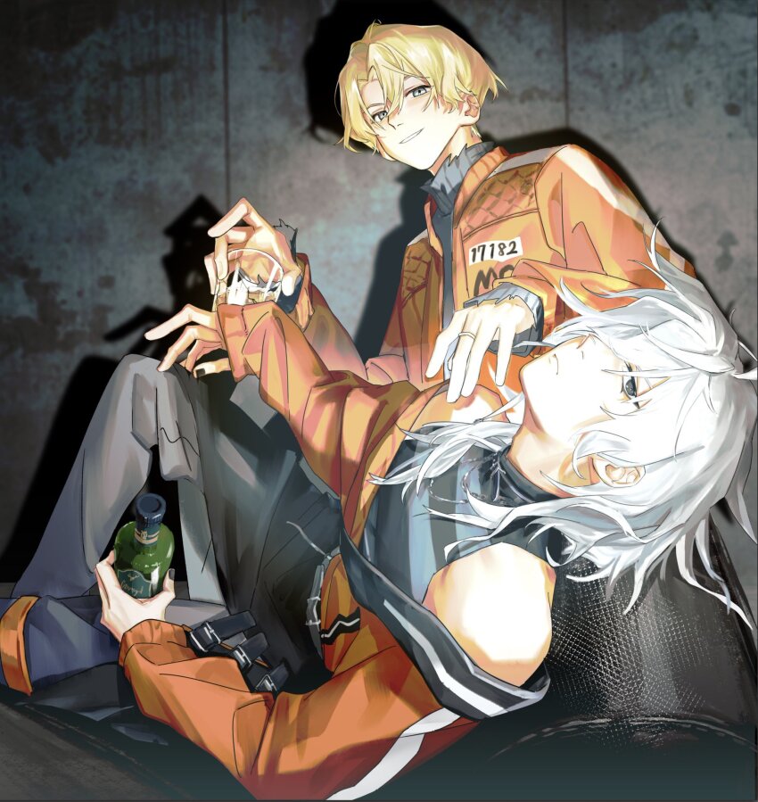 18trip, 2boys, alcohol, arm_belt, bare_shoulders, belt, black_belt, black_pants, black_shirt, blonde_hair, bottle, commentary, commentary_request, compression_shirt, couch, cropped_legs, cup, domeki_kuguri, drinking_glass, grey_eyes, hair_behind_ear, hair_between_eyes, hair_over_one_eye, hand_on_own_knee, head_tilt, highres, holding, holding_cup, ice, ice_cube, jacket, jacket_on_shoulders, jewelry, kitakata_raito, knee_up, leaning_back, long_hair, long_sleeves, looking_at_viewer, looking_up, male_focus, miki_m33, multiple_belts, multiple_boys, nail_polish, on_couch, one_eye_covered, open_mouth, orange_jacket, pants, ring, shirt, shot_glass, smile, turtleneck, white_hair