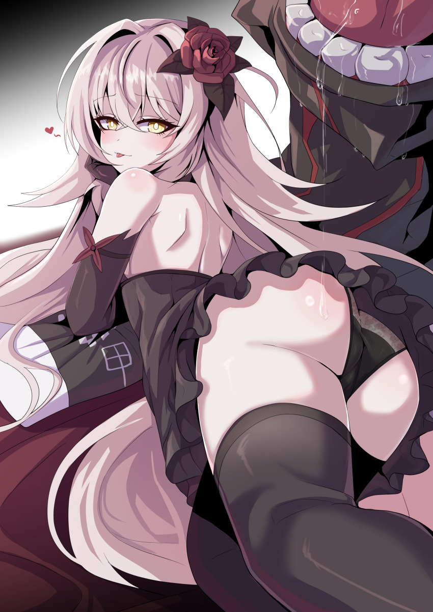 1girl, :p, absurdres, ass, back, bed_sheet, black_dress, black_panties